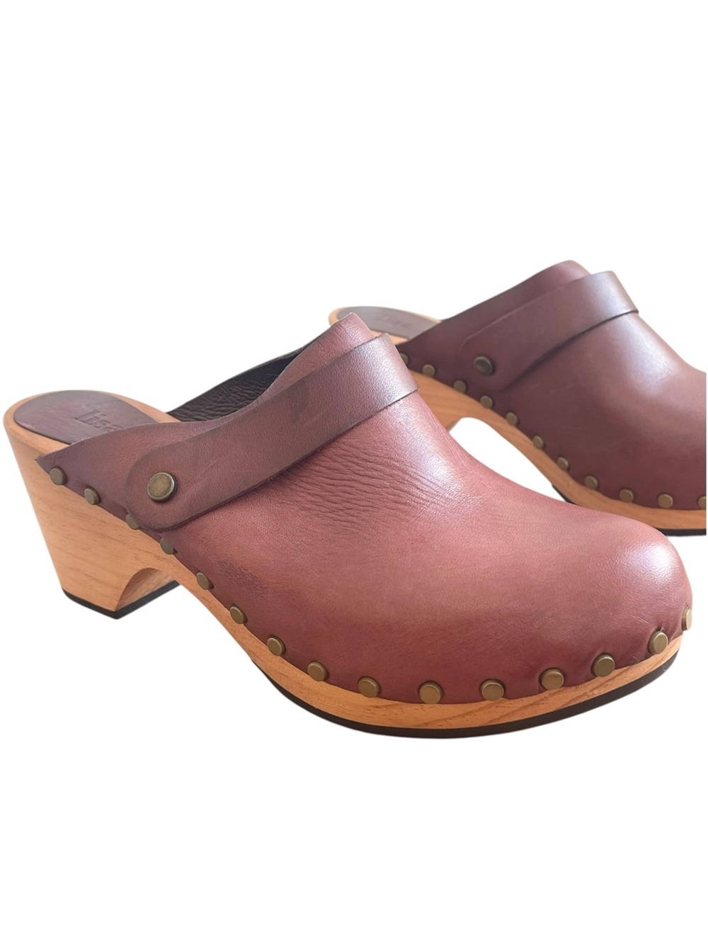 Lisa B Leather Studded Clog Mules Burgundy Oxblood Wood Heel Size 7.5-8